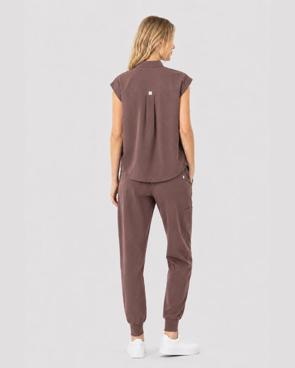 Brown Eipnare Women's Sleeveless Mandarin Collar Jogger Scrub Set - Stretch Medical Scrubs for Women