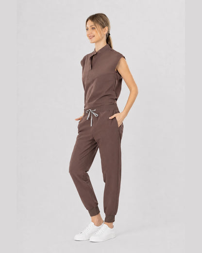 Brown Eipnare Women's Sleeveless Mandarin Collar Jogger Scrub Set - Stretch Medical Scrubs for Women