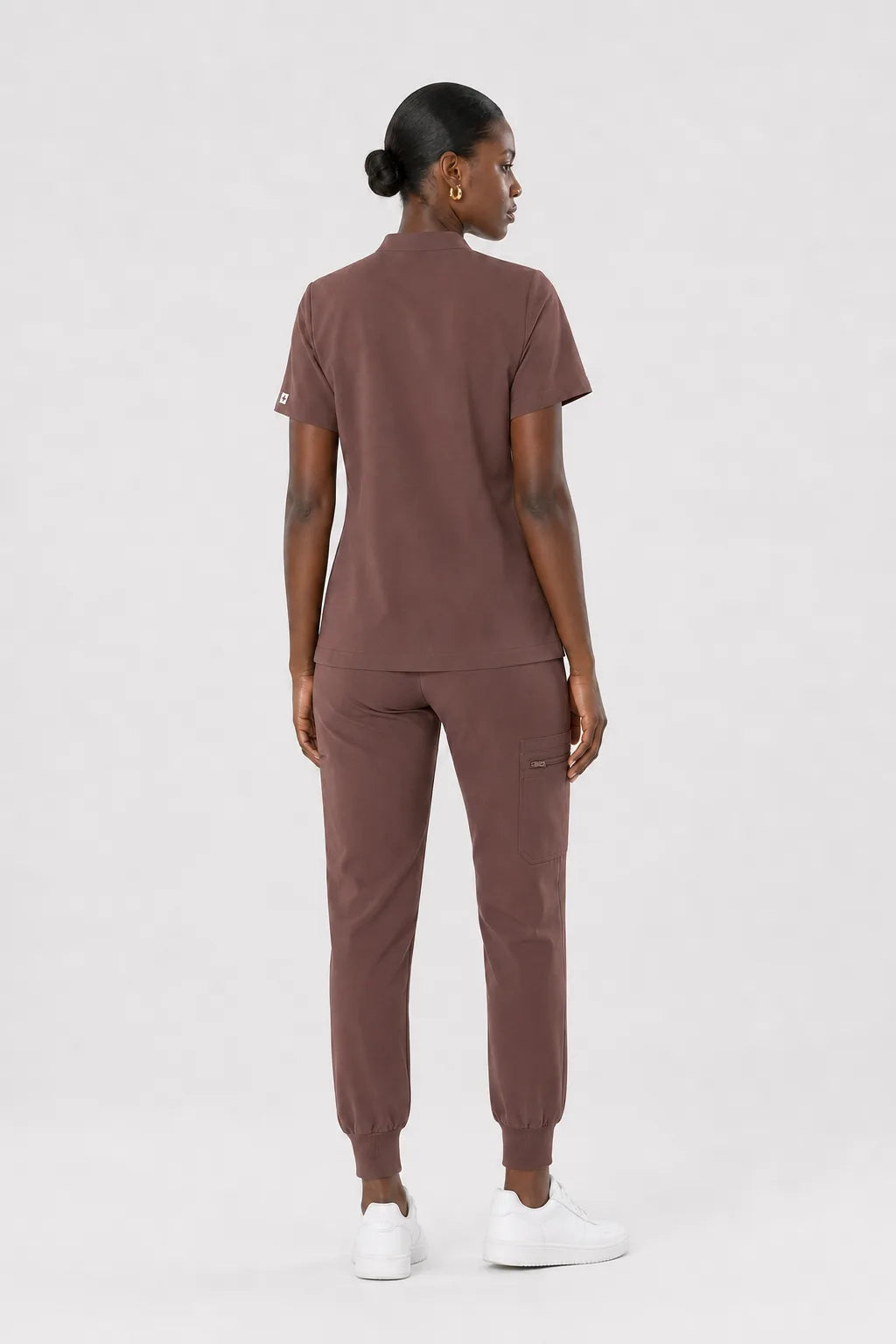 Brown Eipnare Women's Split V-Neck Cargo Jogger Scrub Set - Stretch Medical Scrubs for Women