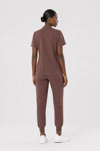 Brown Eipnare Women's Split V-Neck Cargo Jogger Scrub Set - Stretch Medical Scrubs for Women