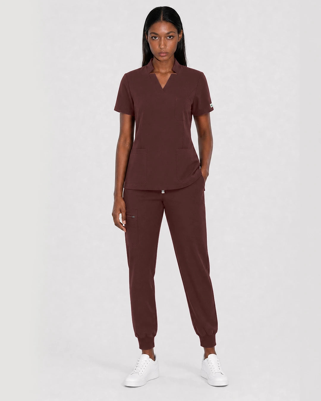 Coffee Eipnare Women's Split V-Neck Cargo Jogger Scrub Set - Stretch Medical Scrubs for Women