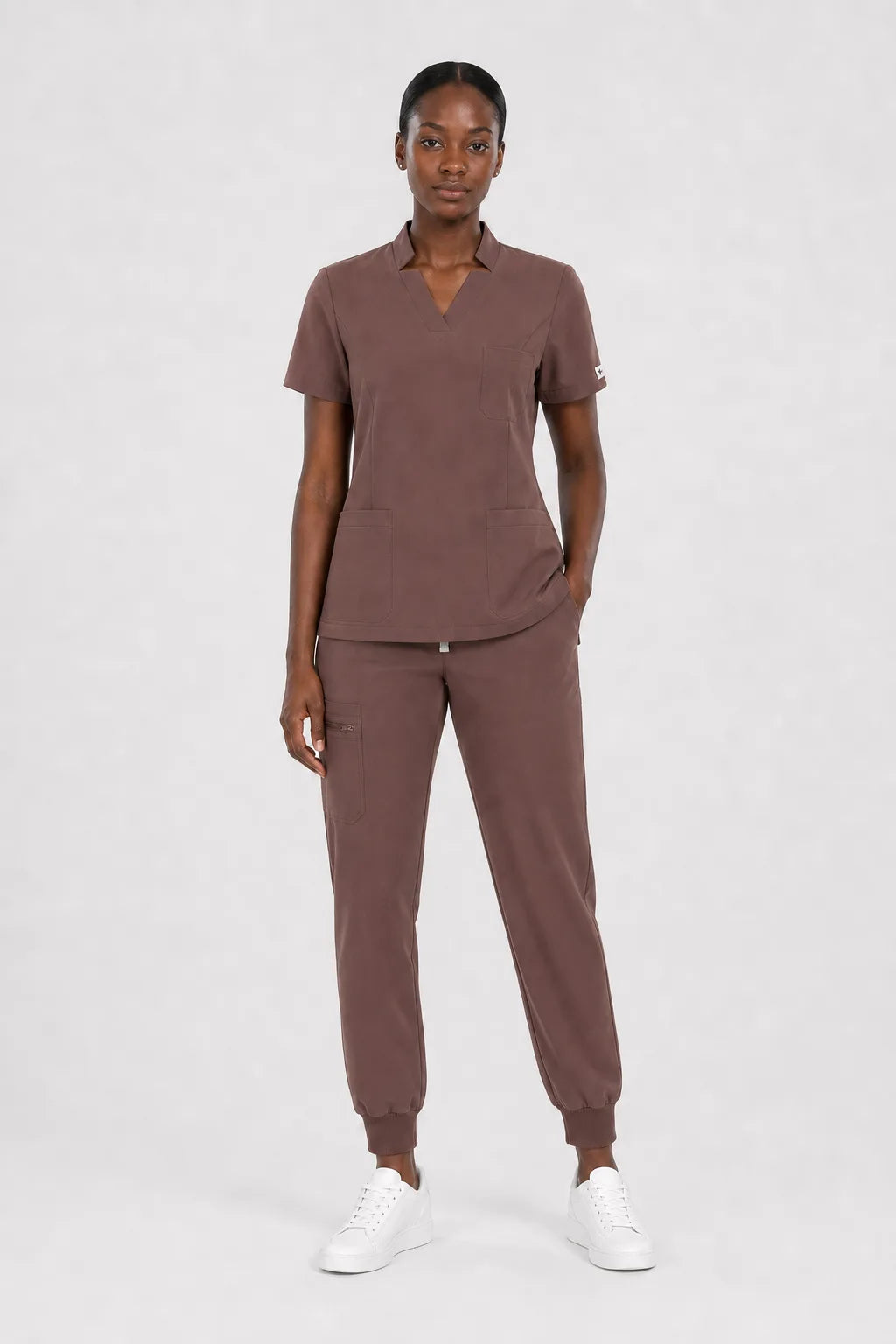 Brown Eipnare Women's Split V-Neck Cargo Jogger Scrub Set - Stretch Medical Scrubs for Women