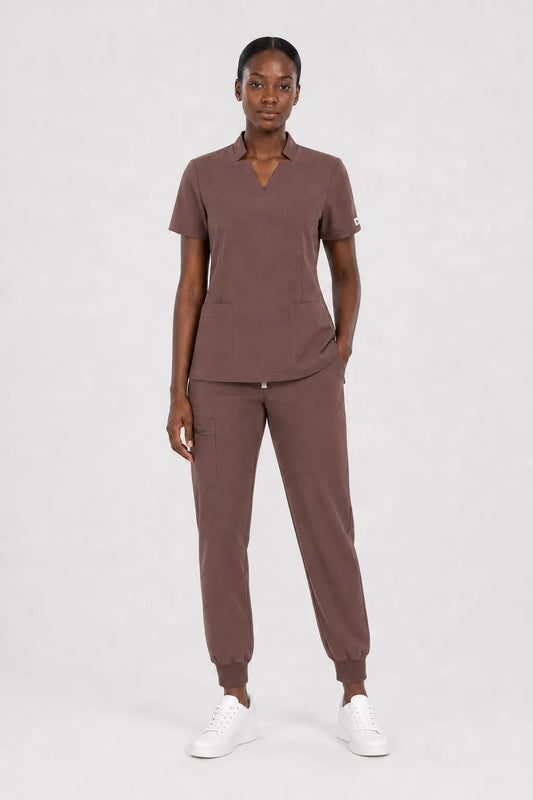 Brown Eipnare Women's Split V-Neck Cargo Jogger Scrub Set - Stretch Medical Scrubs for Women