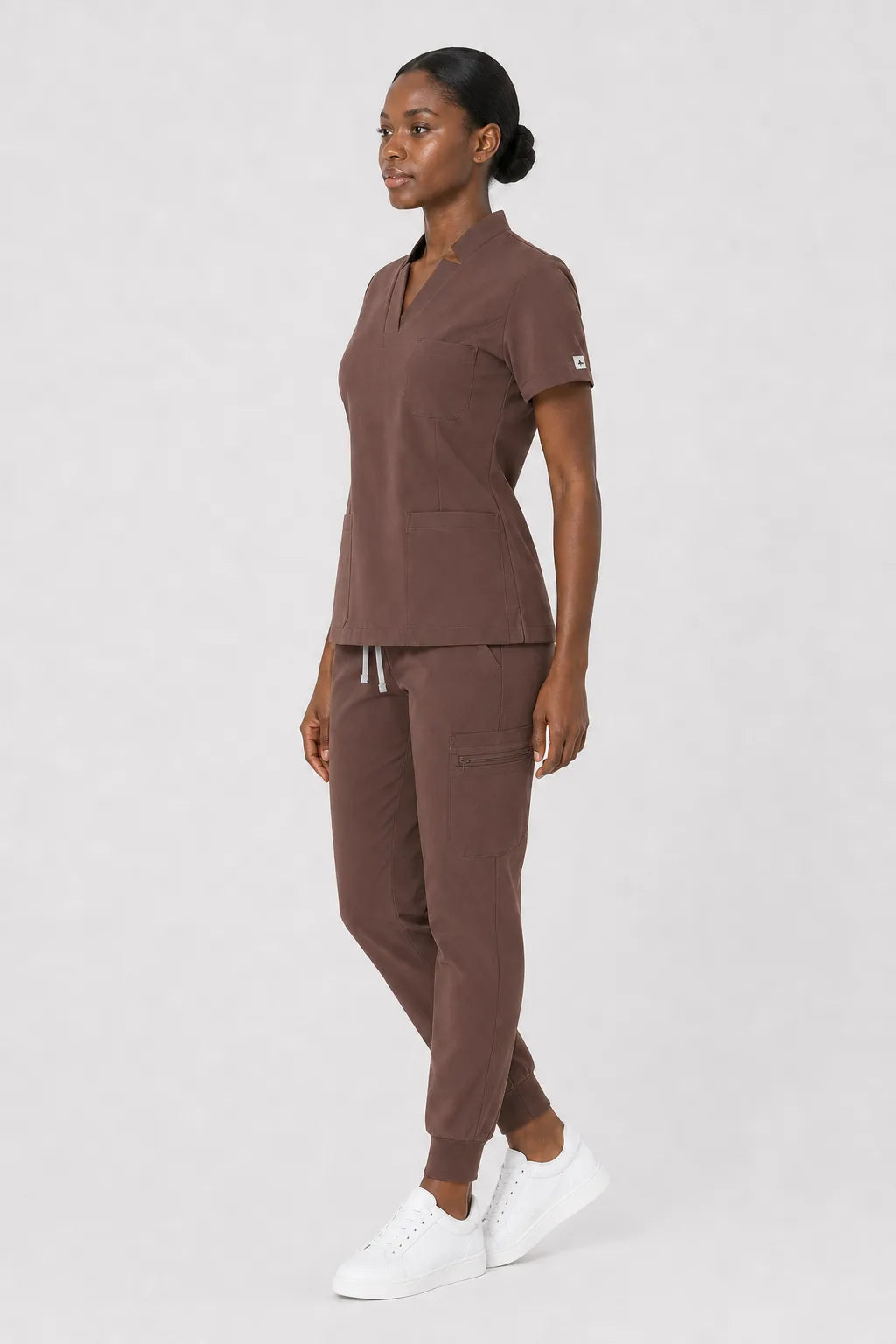 Brown Eipnare Women's Split V-Neck Cargo Jogger Scrub Set - Stretch Medical Scrubs for Women