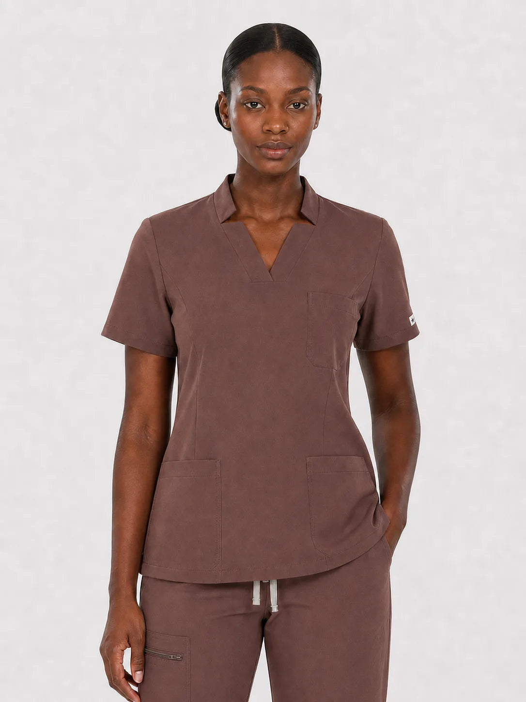 Brown Eipnare Women's Split V-Neck Cargo Jogger Scrub Set - Stretch Medical Scrubs for Women