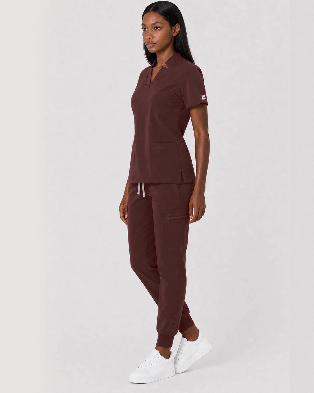 Coffee Eipnare Women's Split V-Neck Cargo Jogger Scrub Set - Stretch Medical Scrubs for Women