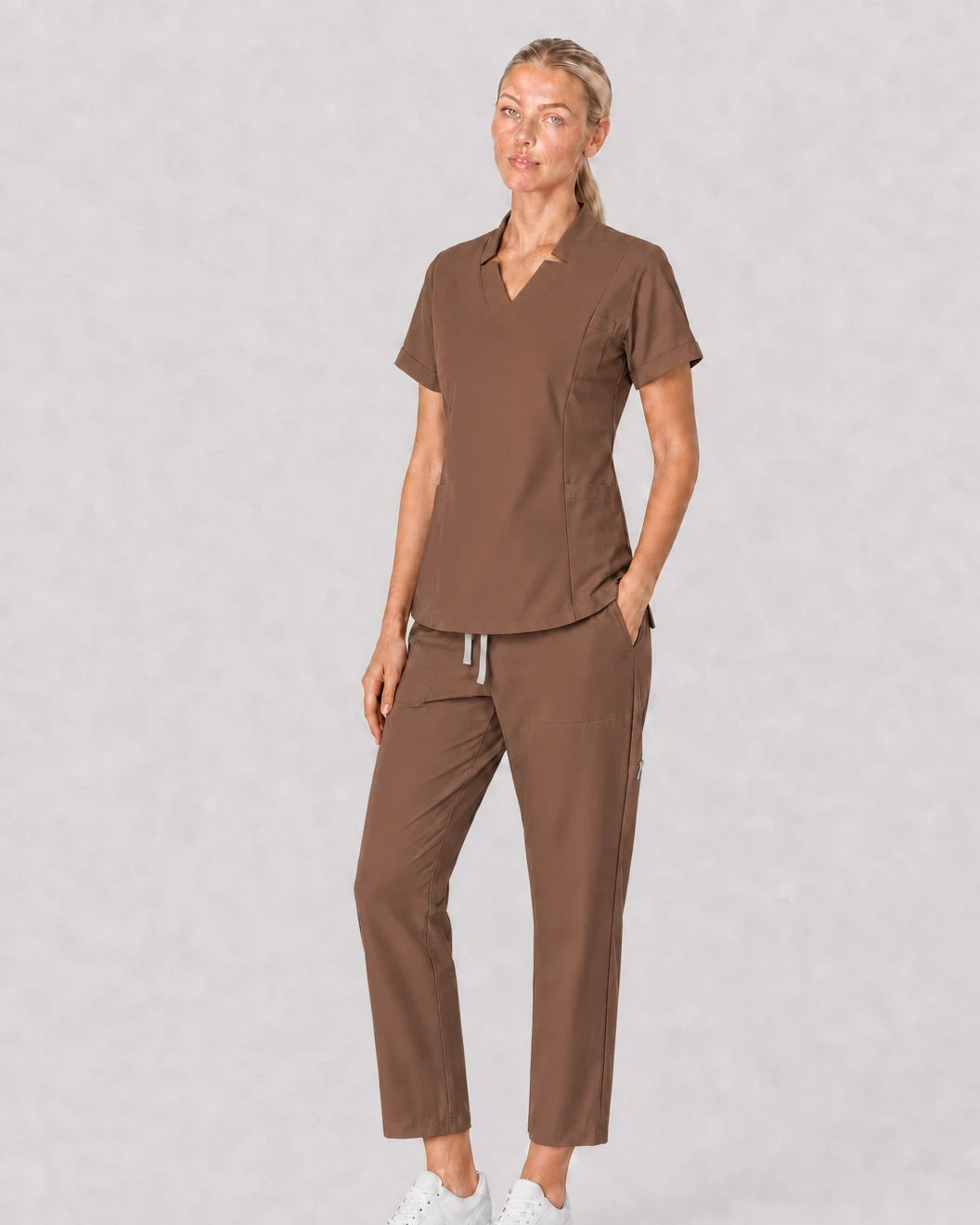 Brown Eipnare Women's V-Neck Split 9-Pocket Slim Fit Scrub Set - Stretch Medical Scrubs for Women