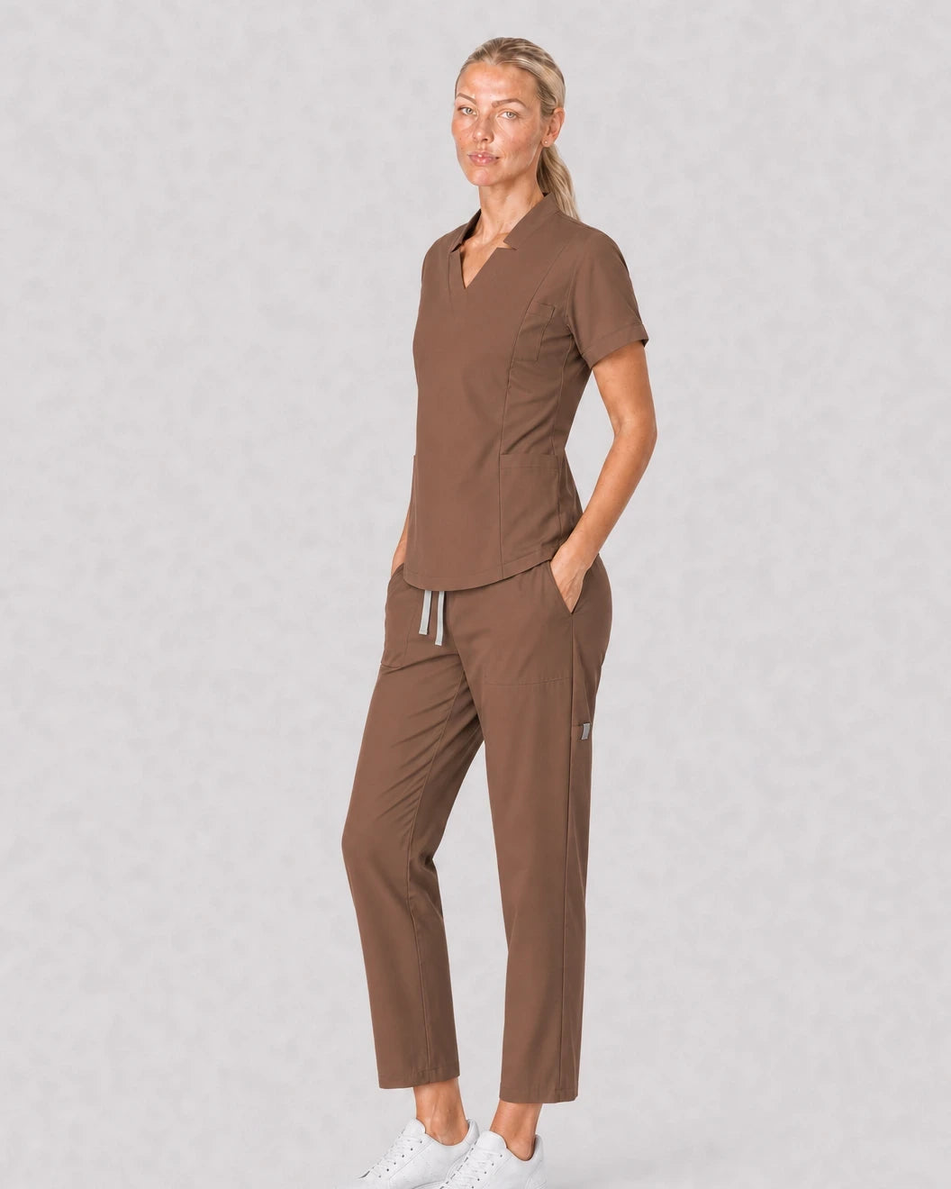 Brown Eipnare Women's V-Neck Split 9-Pocket Slim Fit Scrub Set - Stretch Medical Scrubs for Women