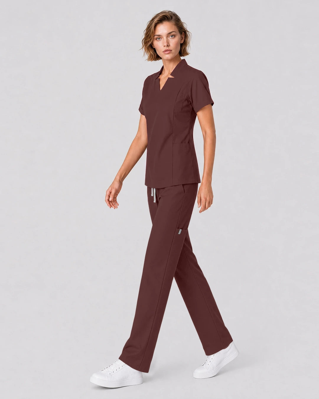 Coffee Eipnare Women's Split V-Neck Tapered Scrub Set - Stretch Medical Scrubs for Women
