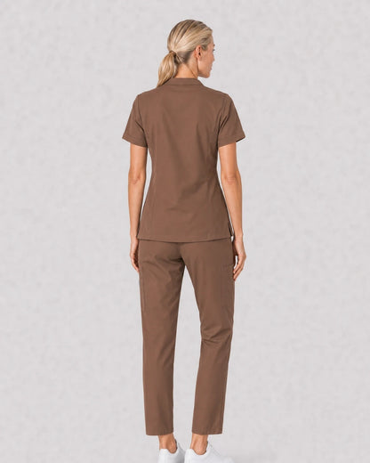Brown Eipnare Women's V-Neck Split 9-Pocket Slim Fit Scrub Set - Stretch Medical Scrubs for Women