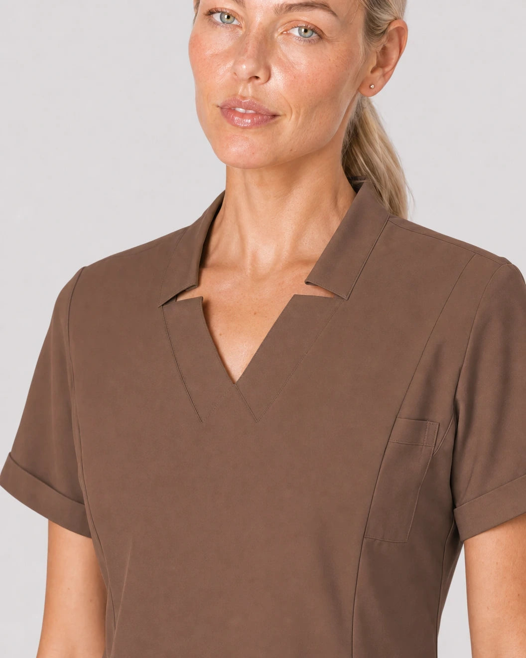 Brown Eipnare Women's V-Neck Split 9-Pocket Slim Fit Scrub Set - Stretch Medical Scrubs for Women