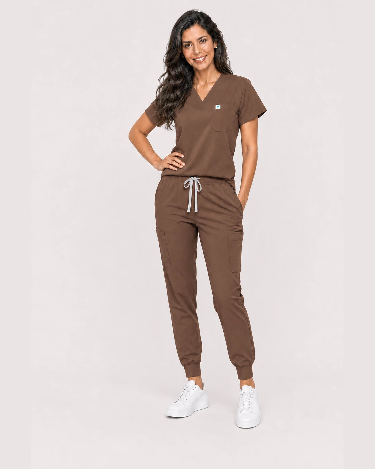 Brown Eipnare Women's V-Neck Jogger Scrub Set - Stretch Medical Scrubs for Women