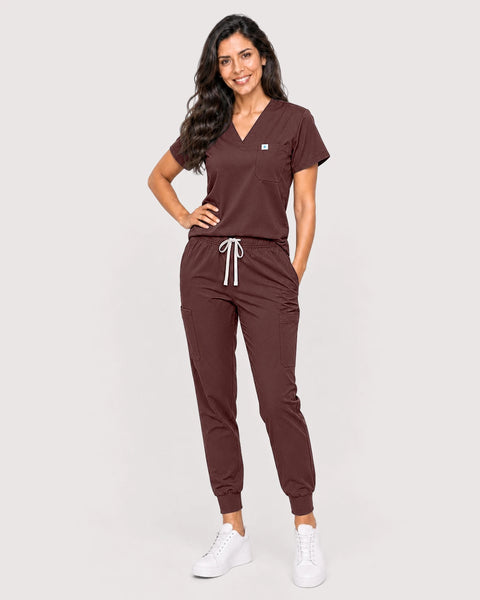 Eipnare Women's Knit V-Neck Jogger Scrub Set - Brown