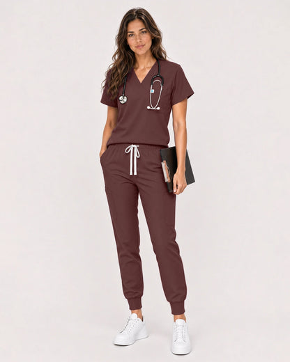 Coffee Eipnare Women's Classic V-Neck Jogger Scrub Set - Stretch Medical Scrubs for Women