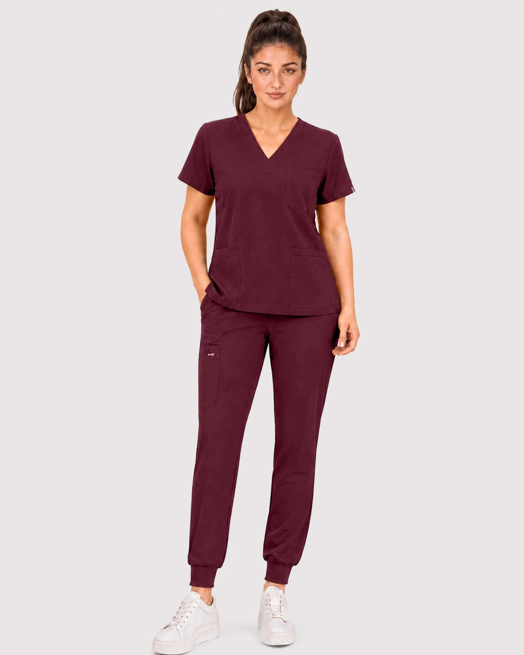 Burgundy Red Eipnare Women's 3-Pocket V-Neck Jogger Scrub Set - Stretch Medical Scrubs for Women