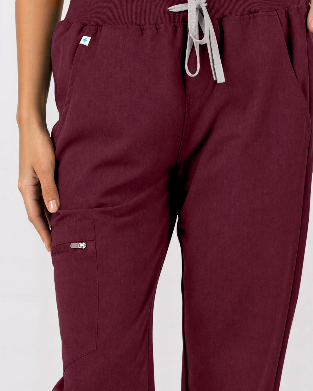 Burgundy Red Eipnare Women's 3-Pocket V-Neck Jogger Scrub Set - Stretch Medical Scrubs for Women