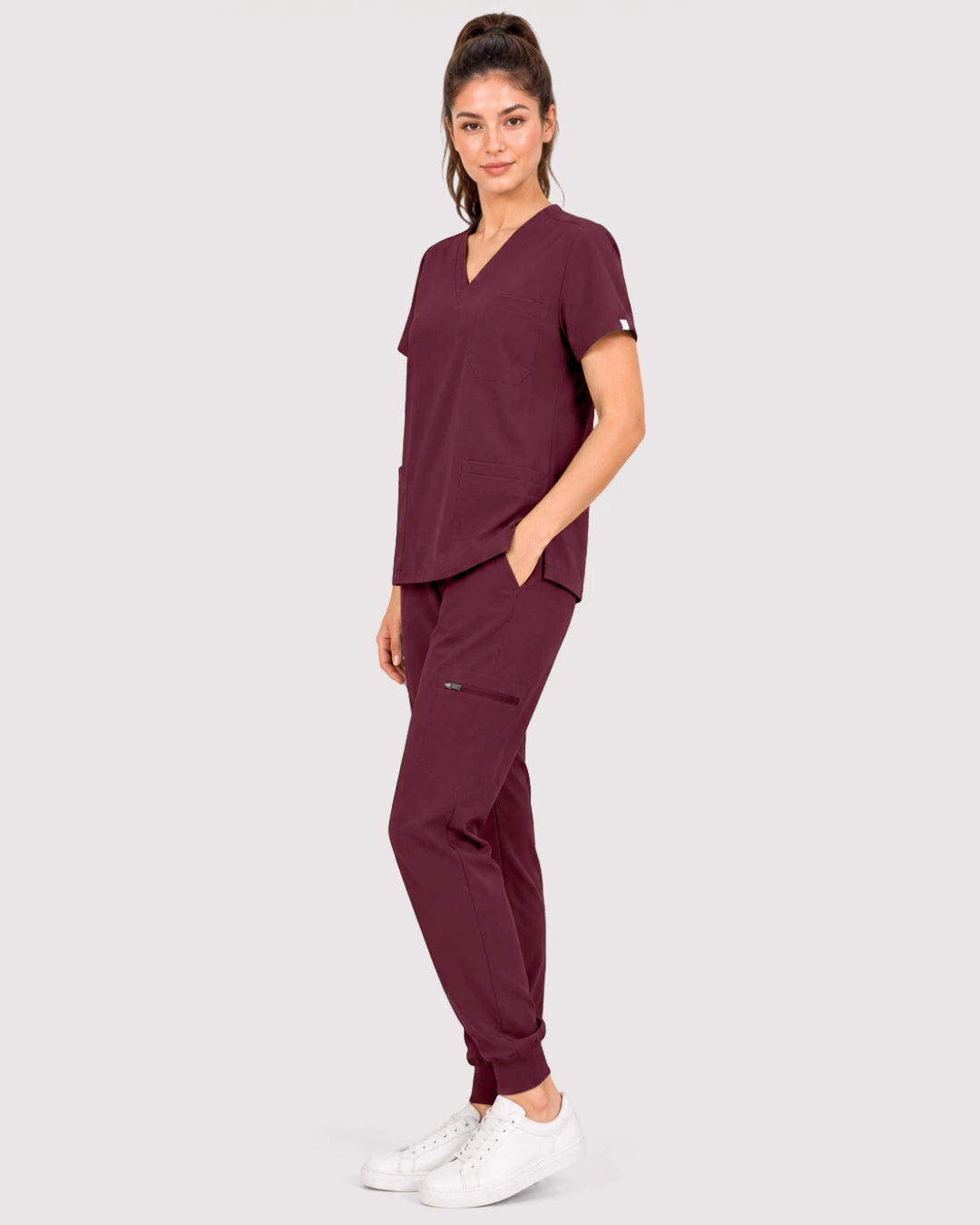 Burgundy Red Eipnare Women's 3-Pocket V-Neck Jogger Scrub Set - Stretch Medical Scrubs for Women