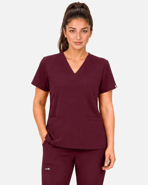 Eipnare Women's 3-Pocket V-Neck Uniform Top - Burgundy Red