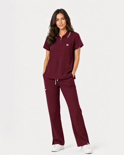 Burgundy Red Eipnare Women's Zip Polo Straight-Leg Scrub Set - Stretch Medical Scrubs for Women