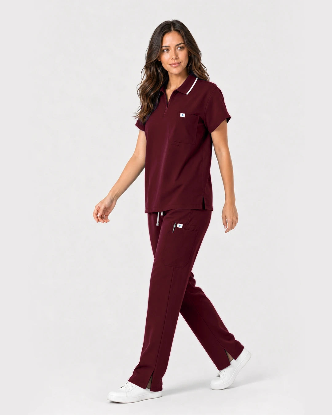 Burgundy Red Eipnare Women's Zip Polo Straight-Leg Scrub Set - Stretch Medical Scrubs for Women