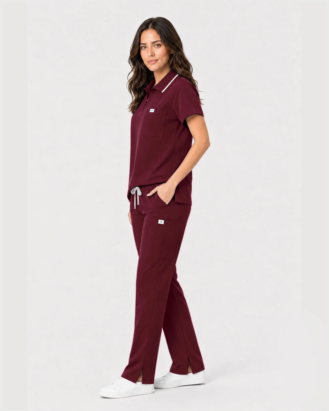 Burgundy Red Eipnare Women's Zip Polo Straight-Leg Scrub Set - Stretch Medical Scrubs for Women