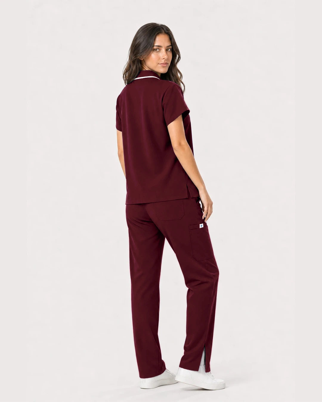 Burgundy Red Eipnare Women's Zip Polo Straight-Leg Scrub Set - Stretch Medical Scrubs for Women