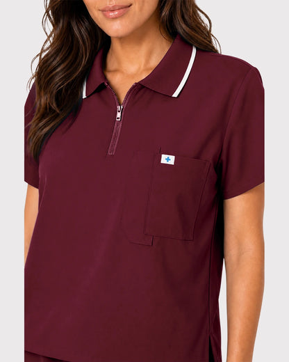 Burgundy Red Eipnare Women's Zip Polo Straight-Leg Scrub Set - Stretch Medical Scrubs for Women