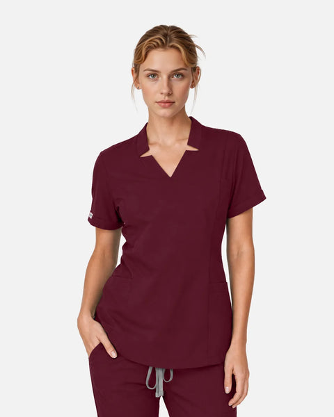 Eipnare Women's Split V-Neck Uniform Top - Burgundy Red