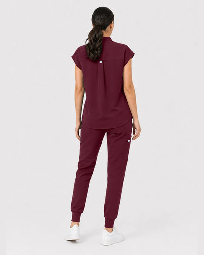 Burgundy Red Eipnare Women's Henley Sleeveless Jogger Scrub Set - Stretch Medical Scrubs for Women