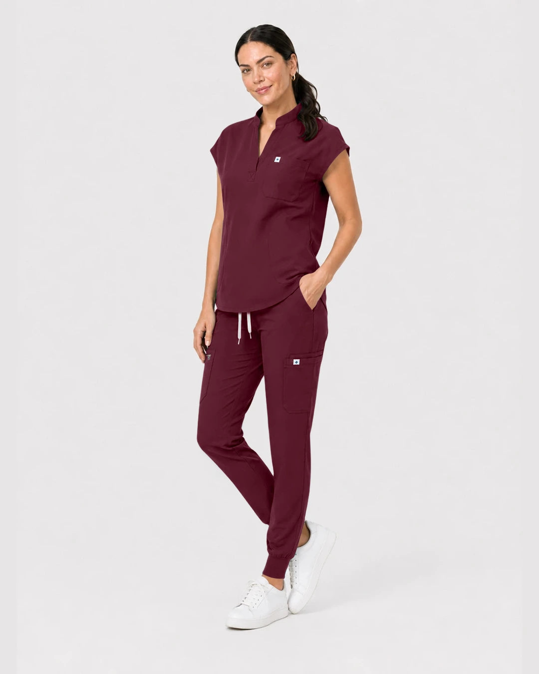 Burgundy Red Eipnare Women's Henley Sleeveless Jogger Scrub Set - Stretch Medical Scrubs for Women