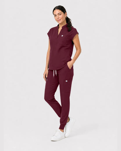 Burgundy Red Eipnare Women's Henley Sleeveless Jogger Scrub Set - Stretch Medical Scrubs for Women