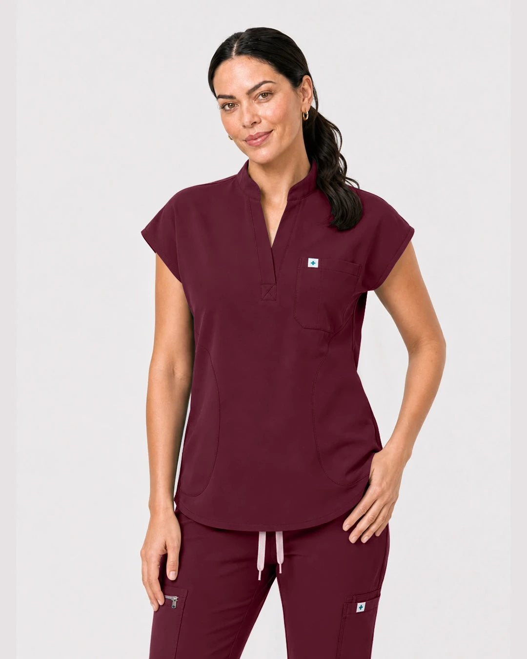 Burgundy Red Eipnare Women's Henley Sleeveless Jogger Scrub Set - Stretch Medical Scrubs for Women