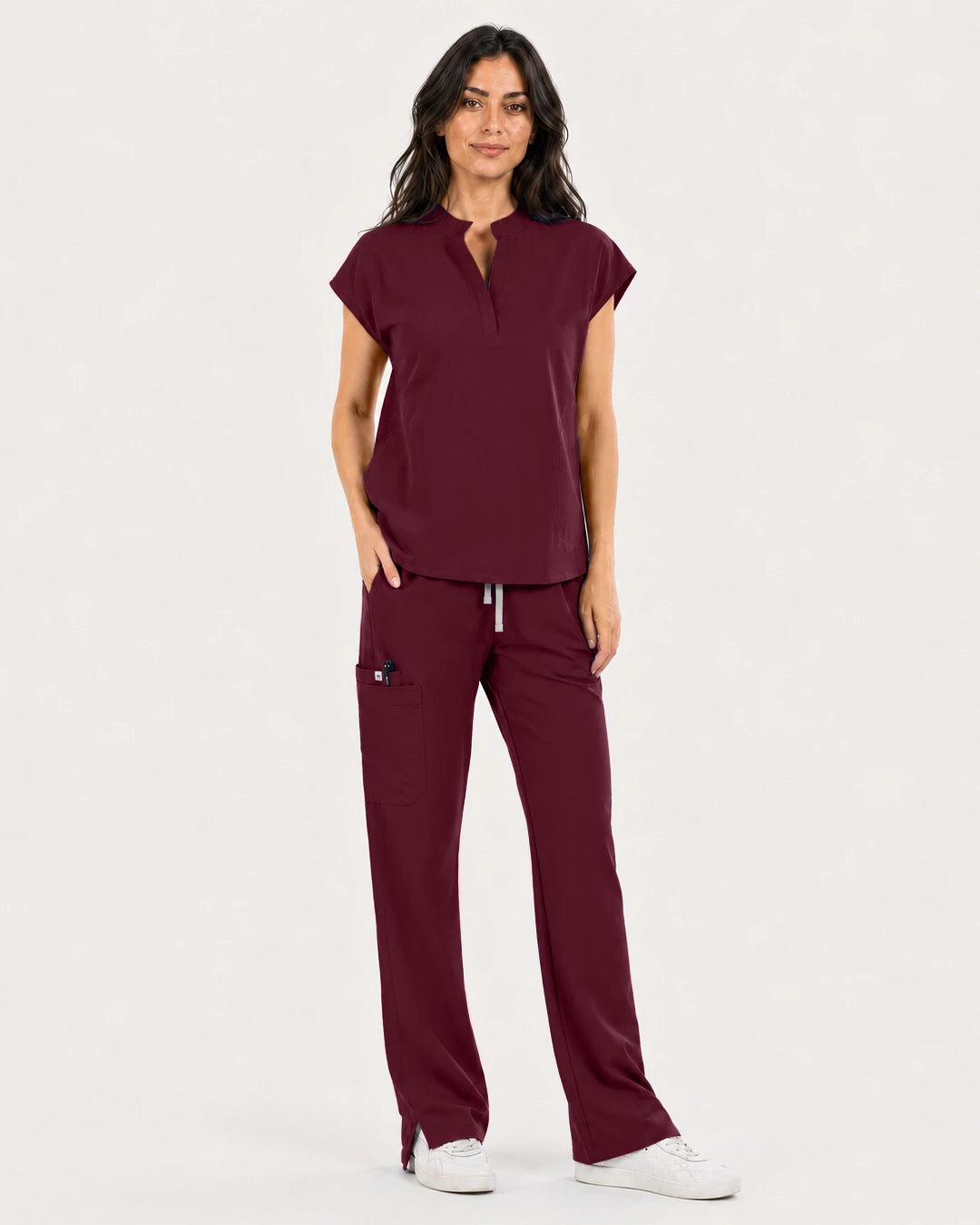 Burgundy Red Eipnare Women's Mandarin Sleeveless Straight-Leg Scrub Set - Stretch Medical Scrubs for Women