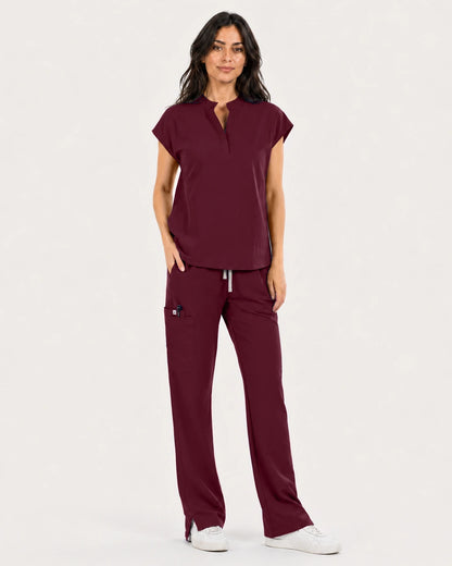 Burgundy Red Eipnare Women's Mandarin Sleeveless Straight-Leg Scrub Set - Stretch Medical Scrubs for Women