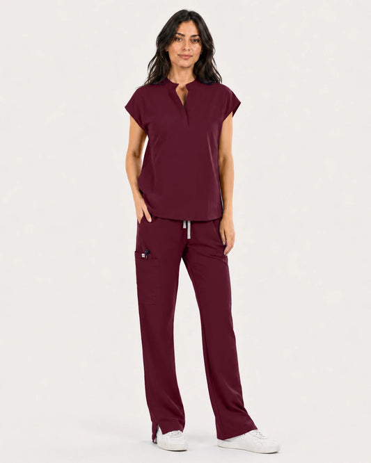 Burgundy Red Eipnare Women's Mandarin Sleeveless Straight-Leg Scrub Set - Stretch Medical Scrubs for Women