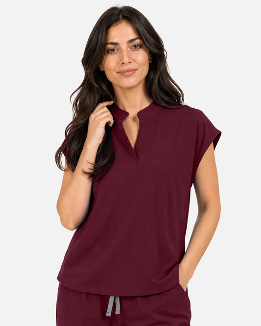 Burgundy Red Eipnare Women's Sleeveless Mandarin Collar Scrub Top - Stretch Medical Scrubs for Women
