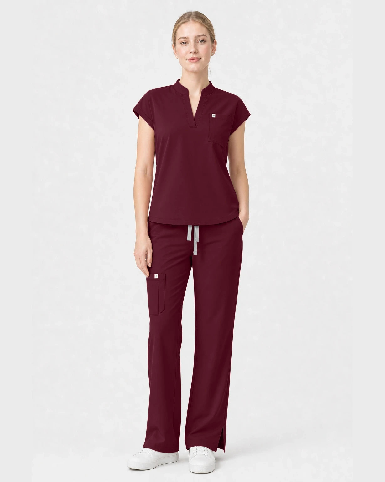 Burgundy Red Eipnare Women's Henley Sleeveless Straight-Leg Scrub Set - Stretch Medical Scrubs for Women