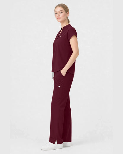 Burgundy Red Eipnare Women's Henley Sleeveless Straight-Leg Scrub Set - Stretch Medical Scrubs for Women