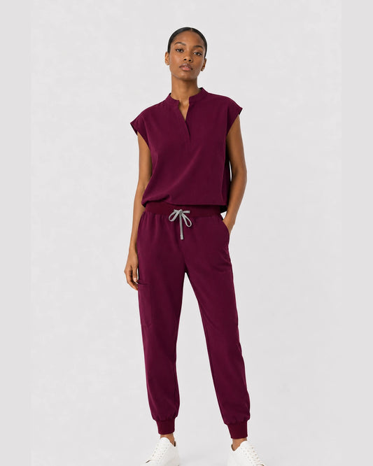 Burgundy Red Eipnare Women's Sleeveless Mandarin Collar Jogger Scrub Set - Stretch Medical Scrubs for Women