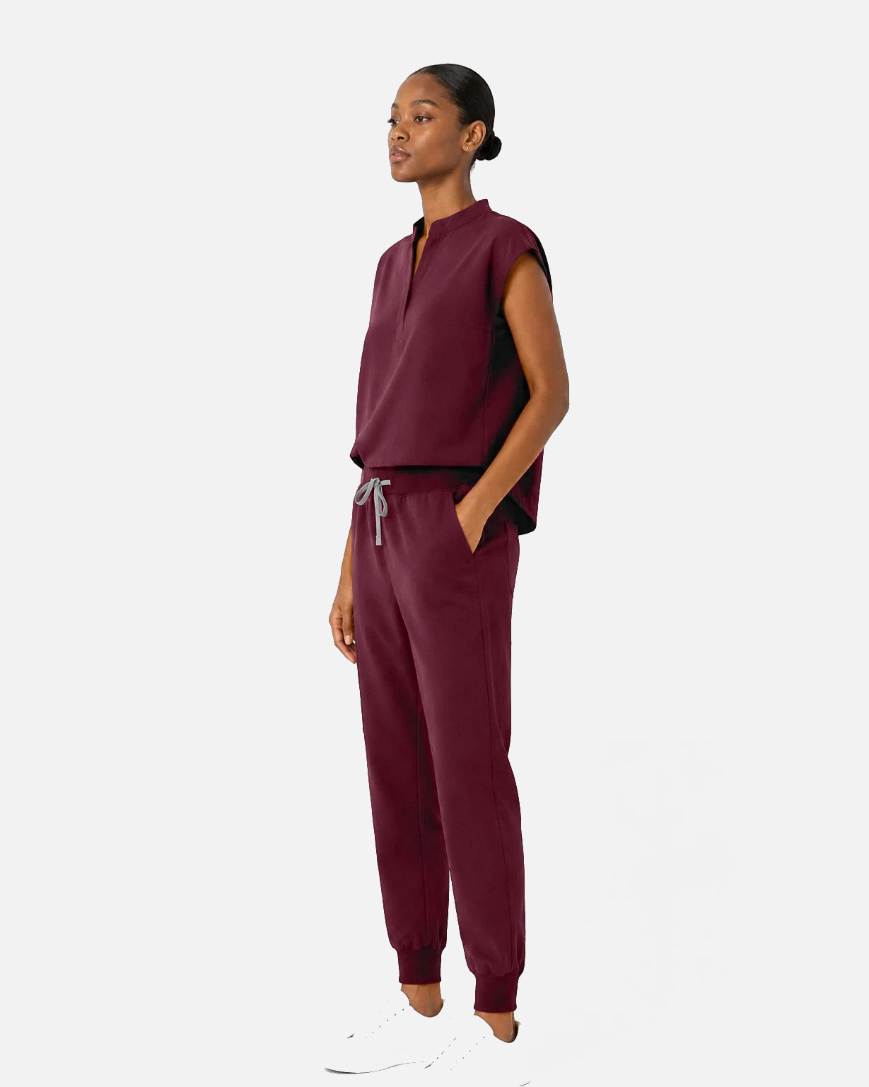 Burgundy Red – Eipnare Women's Sleeveless Mandarin Collar Jogger Uniform Set – product image 02