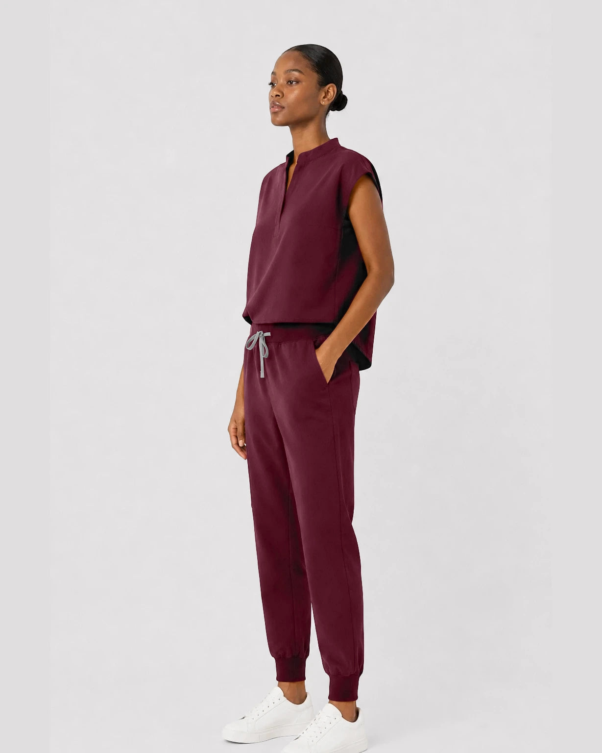 Burgundy Red Eipnare Women's Sleeveless Mandarin Collar Jogger Scrub Set - Stretch Medical Scrubs for Women