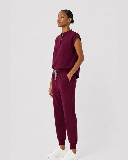 Burgundy Red Eipnare Women's Sleeveless Mandarin Collar Jogger Scrub Set - Stretch Medical Scrubs for Women