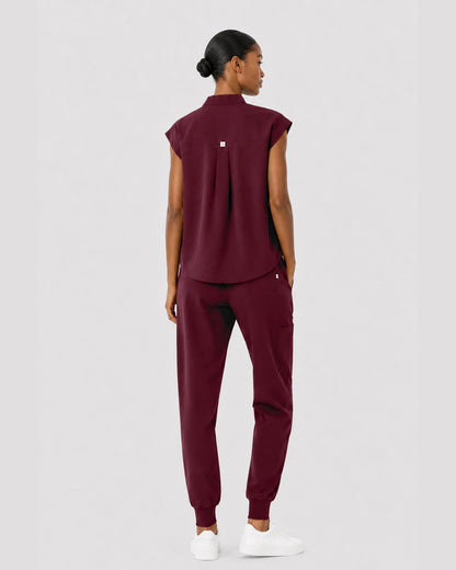 Burgundy Red Eipnare Women's Sleeveless Mandarin Collar Jogger Scrub Set - Stretch Medical Scrubs for Women