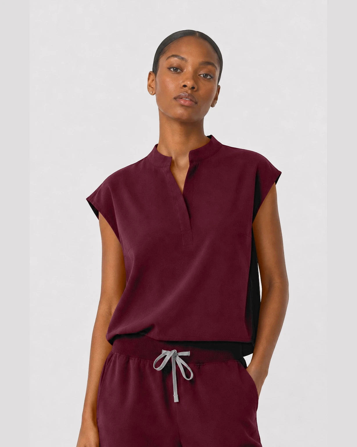 Burgundy Red Eipnare Women's Sleeveless Mandarin Collar Jogger Scrub Set - Stretch Medical Scrubs for Women