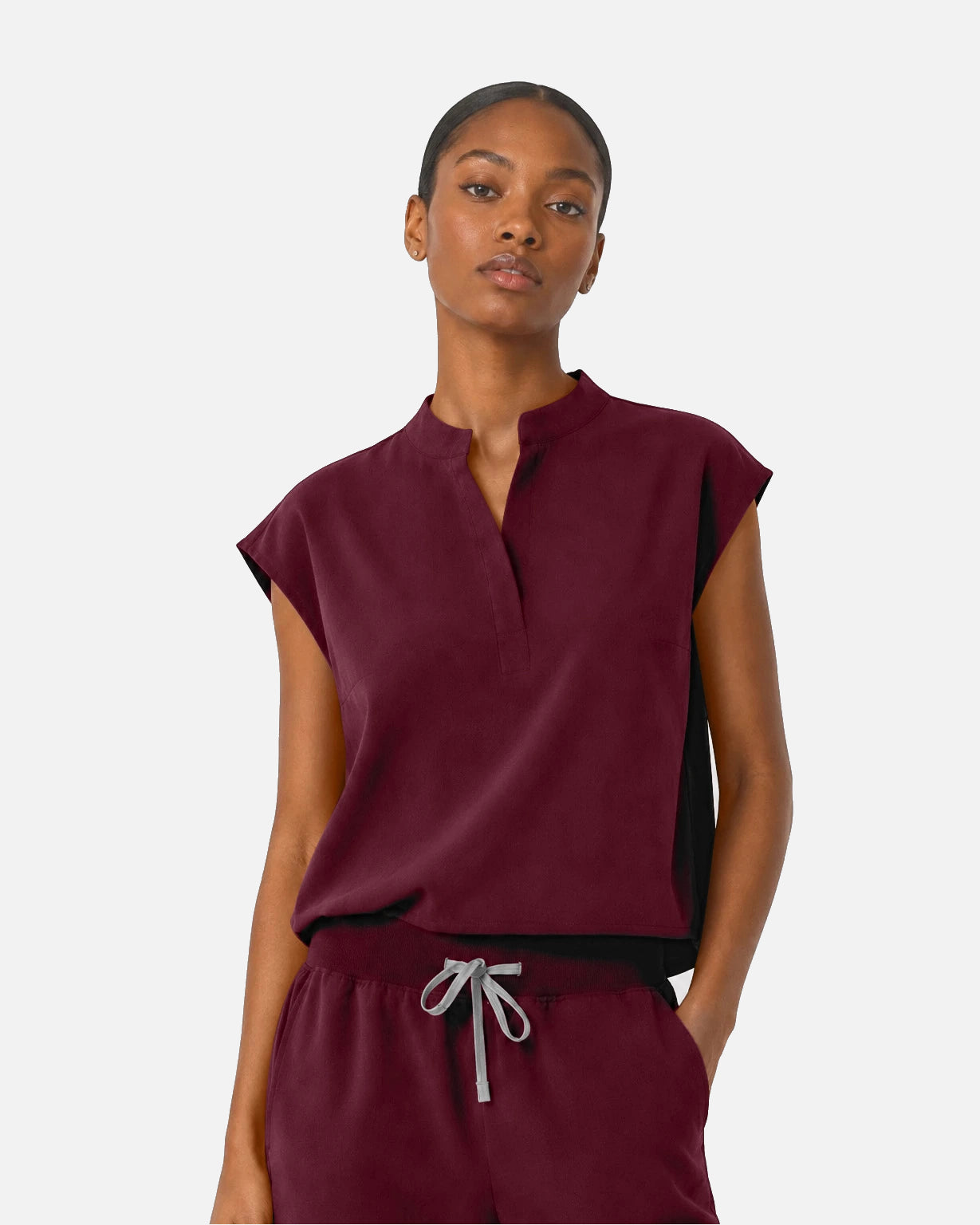Burgundy Red – Eipnare Women's Sleeveless Mandarin Collar Jogger Uniform Set – product image 04