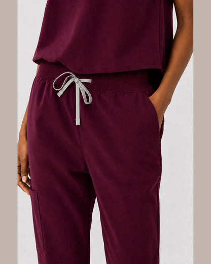 Burgundy Red Eipnare Women's Sleeveless Mandarin Collar Jogger Scrub Set - Stretch Medical Scrubs for Women
