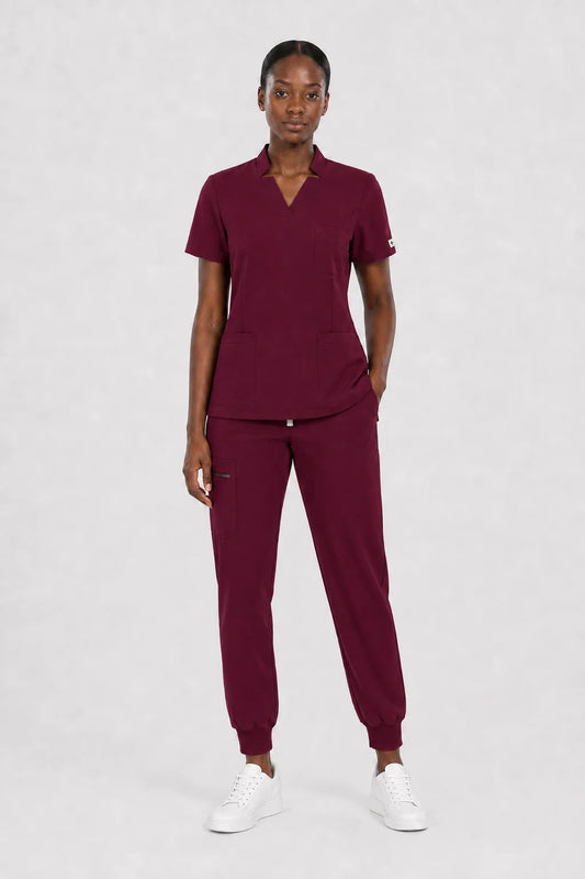Burgundy Red Eipnare Women's Split V-Neck Cargo Jogger Scrub Set - Stretch Medical Scrubs for Women