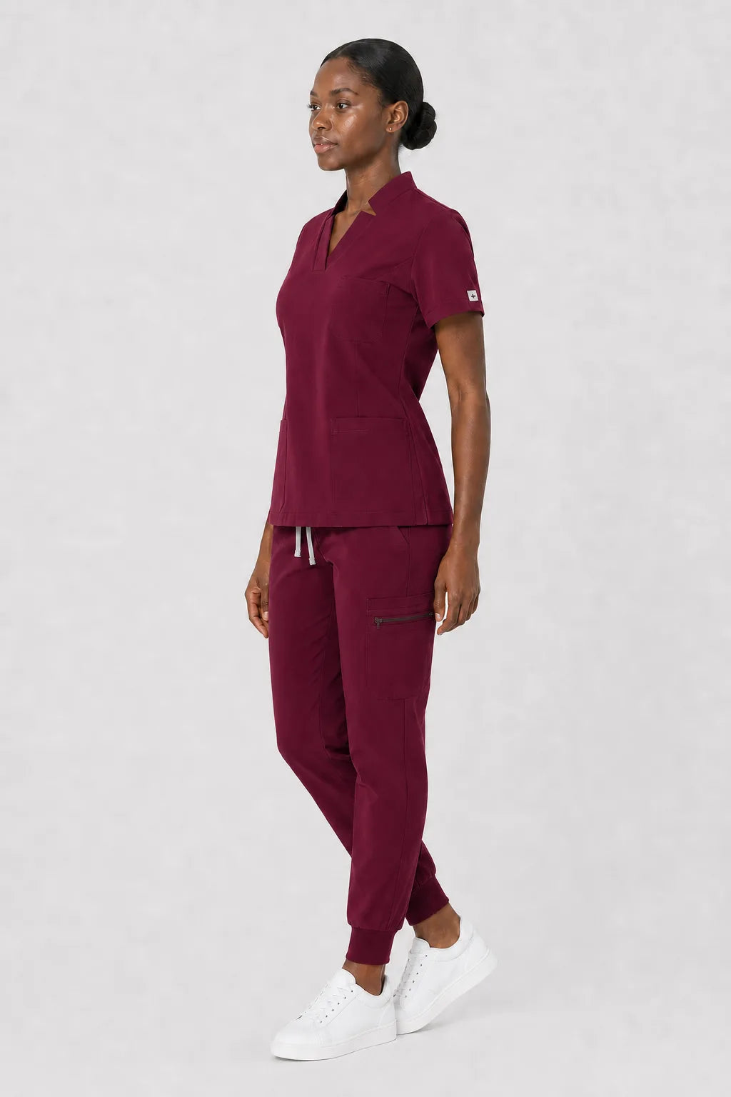 Burgundy Red Eipnare Women's Split V-Neck Cargo Jogger Scrub Set - Stretch Medical Scrubs for Women