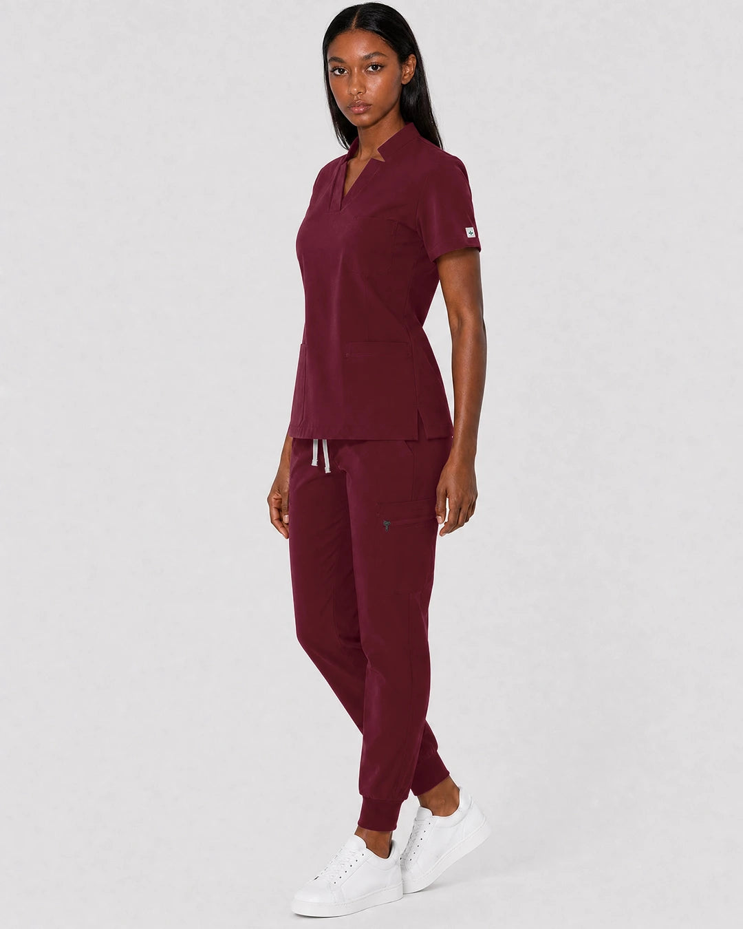 Burgundy Red Eipnare Women's Split V-Neck Cargo Jogger Scrub Set - Stretch Medical Scrubs for Women