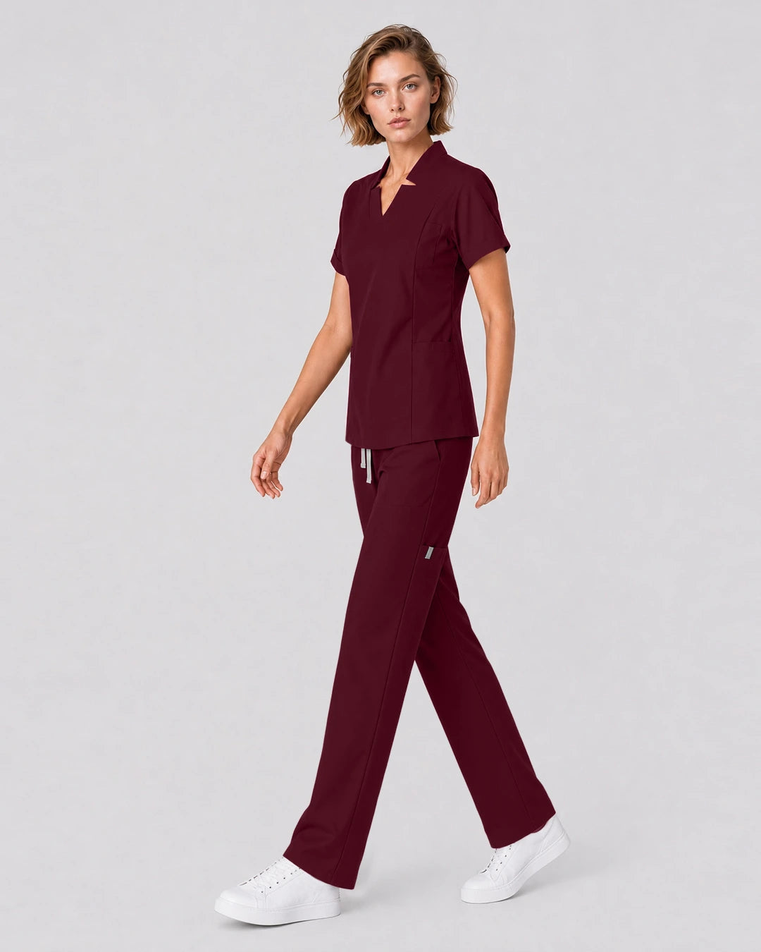 Burgundy Red Eipnare Women's Split V-Neck Tapered Scrub Set - Stretch Medical Scrubs for Women